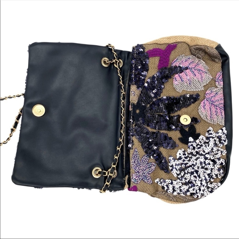 Floral Embroidered Sequin Woven Jute Clutch Shoulder Bag - Picture 6 of 15